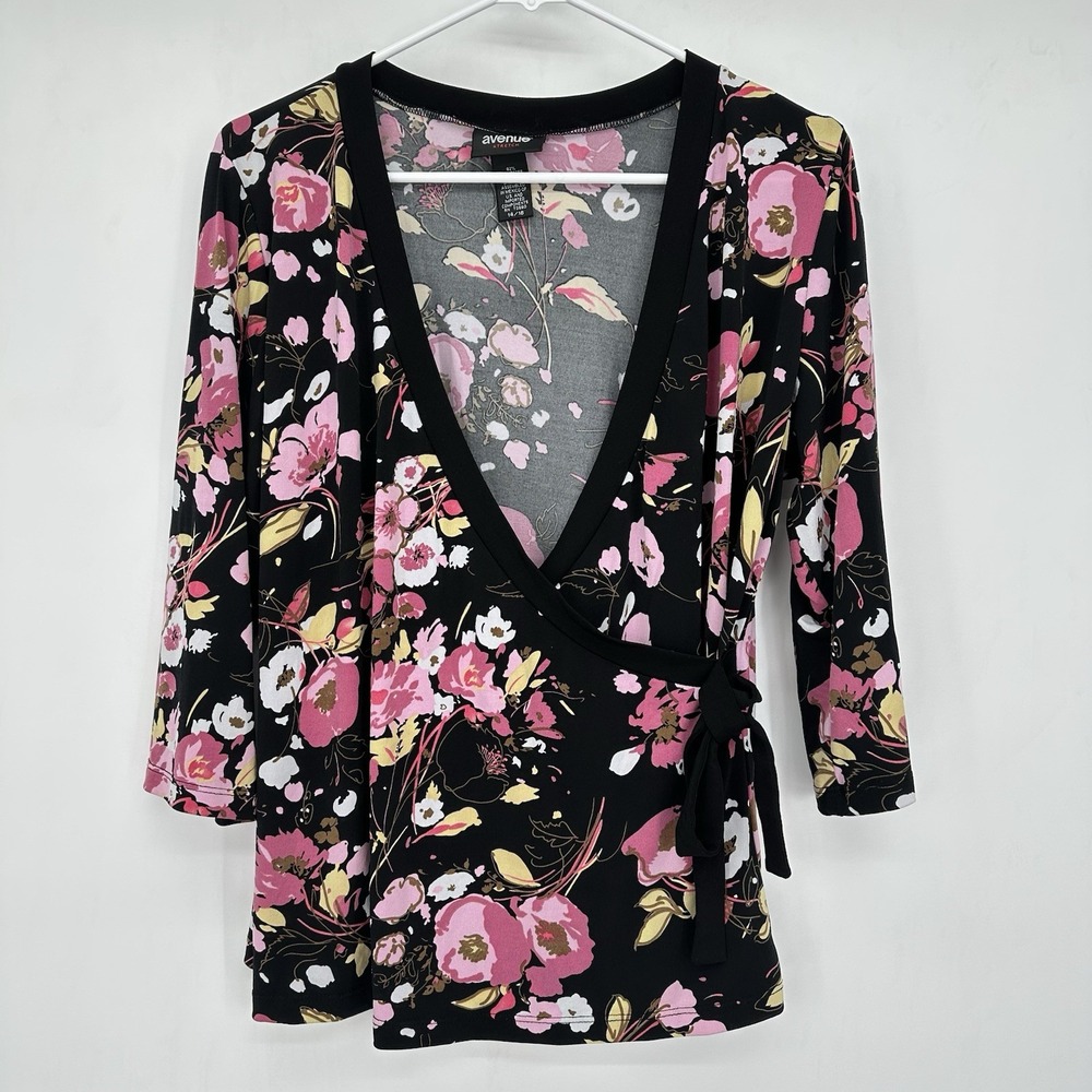Avenue Floral Wrap Blouse Sz 14/16 Black Pink Stretch Fairy Grunge Retro‎ Casual